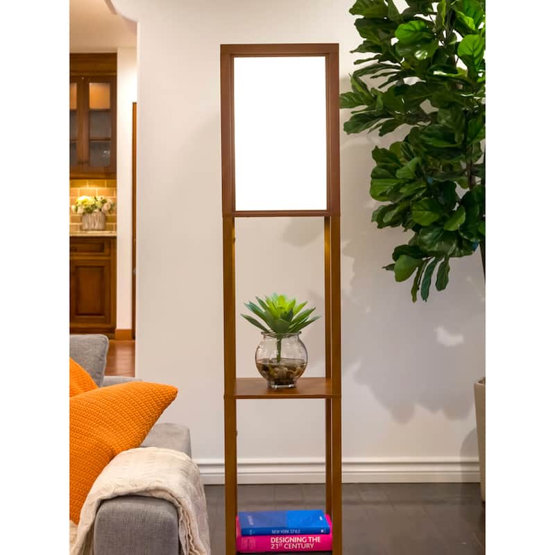 Brightech Maxwell 63 in. Walnut Brown Traditional LED Super Bright 3-Shelf Floor Lamp with White Fabric Square Shade