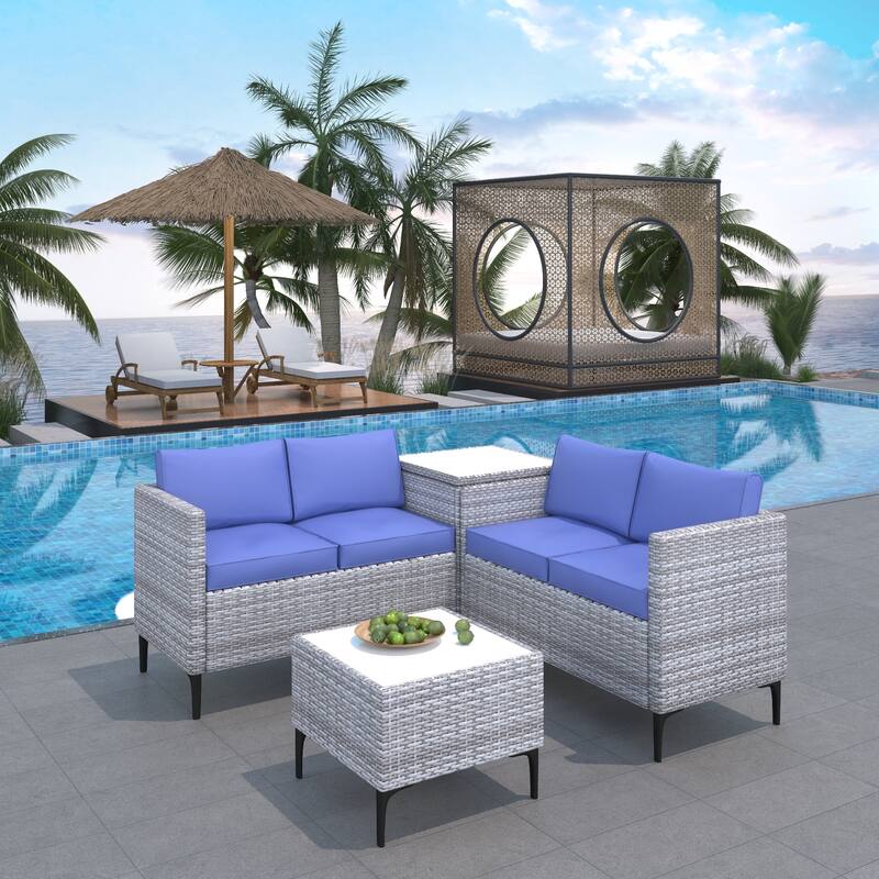 4-Piece Rattan Patio Set – Modular Sectional with Storage Box & Glass Table, Weather-Resistant for Outdoor Lounge, - Gray+Blue