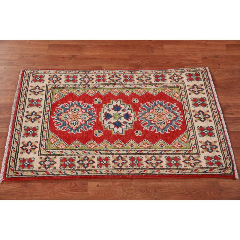 Red Kazak Oriental Foyer Rug Handmade Geometric Wool Carpet - 2'0"x 3'0"
