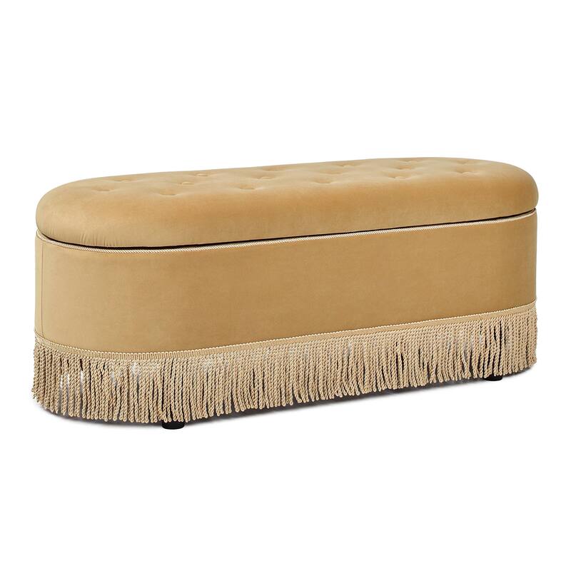 Melinda 48.5" Upholstered Tufted Oval Storage Bench with Bullion Fringe
