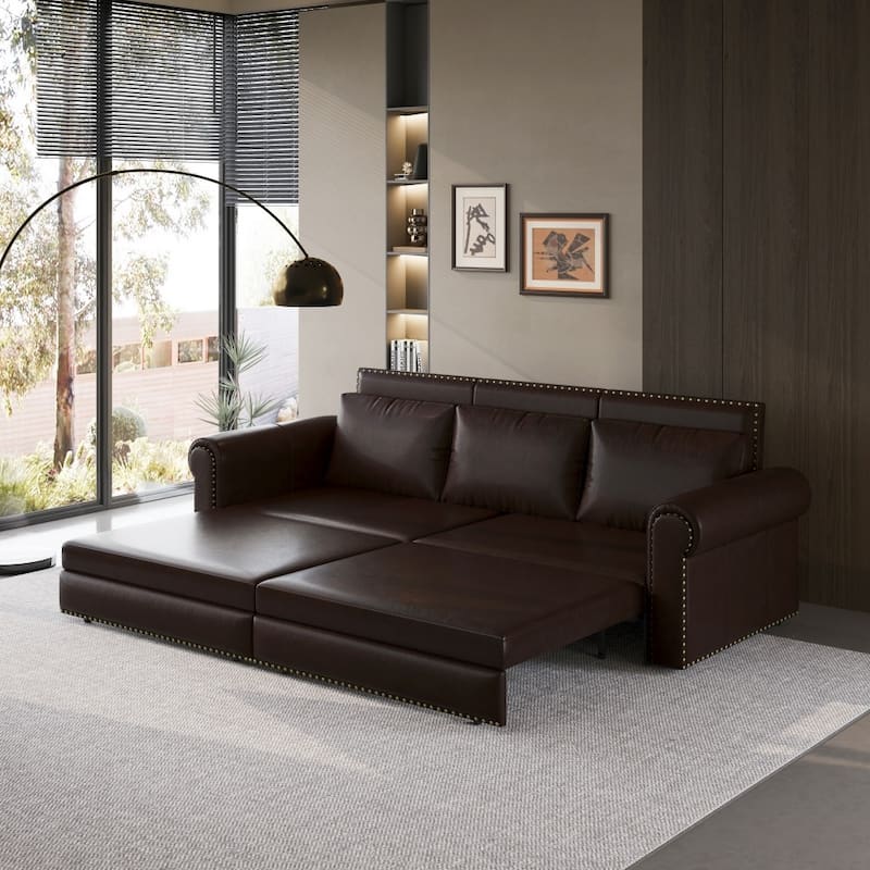 93.7" King Pull Out 3-in-1 Faux Leather Convertible Sleeper Sofa Bed with Nailhead Trim and Rolled Arm