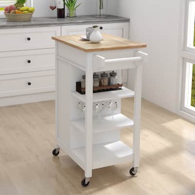 Kitchen Island Rolling Cart with Adjustable Shelves and Towel Rack, Rubberwood Top