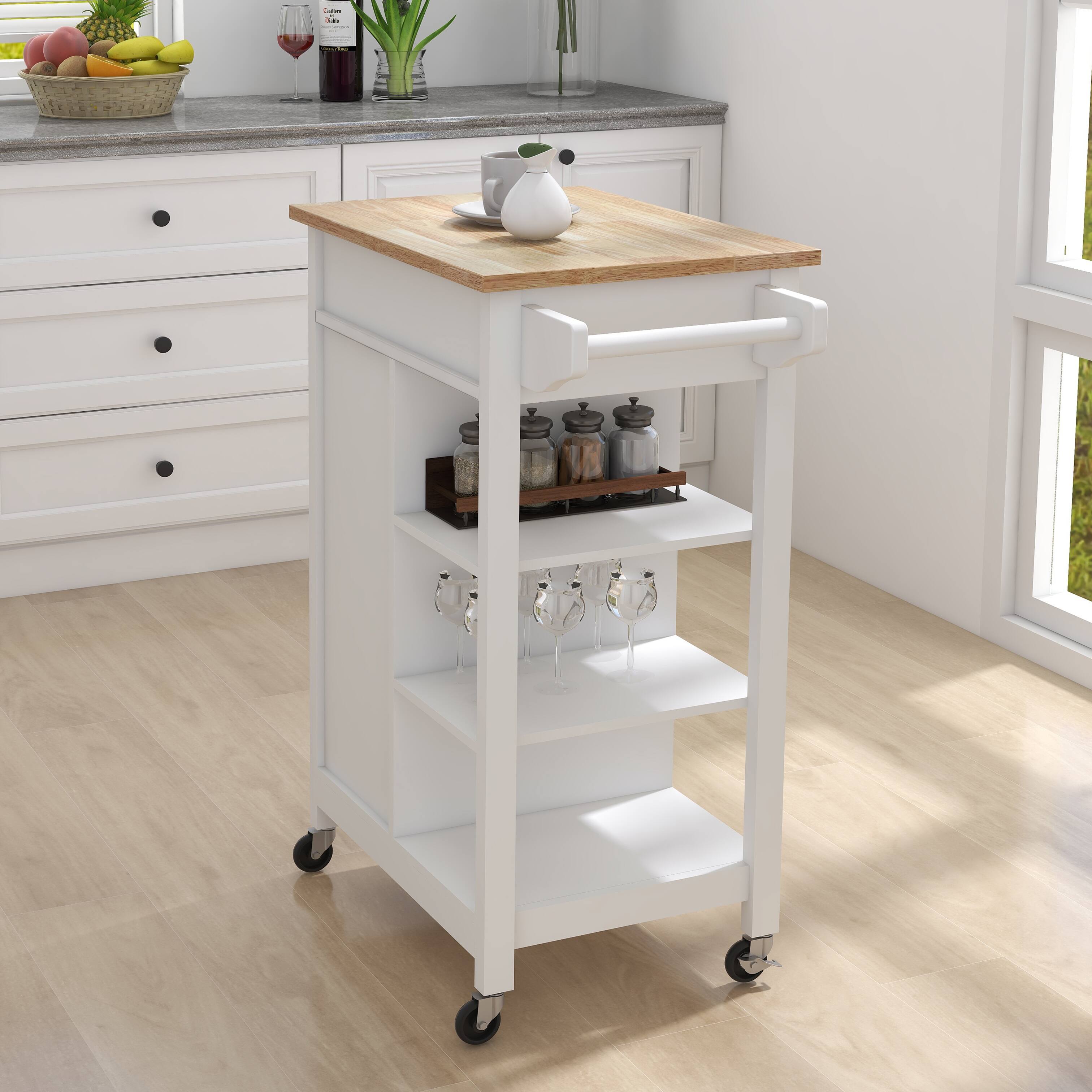 Kitchen Island Rolling Trolley Cart with Towel Rack Rubber Wood Table