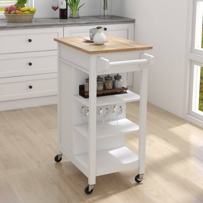 Kitchen Island Trolley Cart with Rubber Wood Table Top Adjustable Shelves Towel and Rack, for Kitchen
