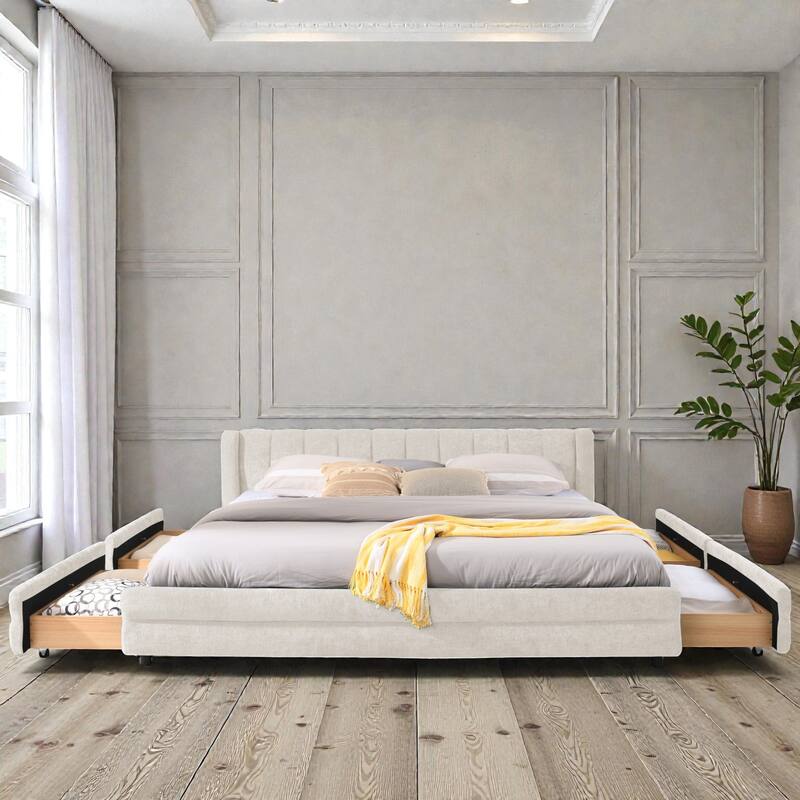 King Upholstered Bed Frame with Chenille Fabric, Soft Headboard and Underbed Storage Drawer, Modern Platform Design