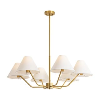 6-Light Mid-Century Modern Brass Chandelier with White Fabric Shades - Gold Finish Ceiling Light Fixture for Living Room