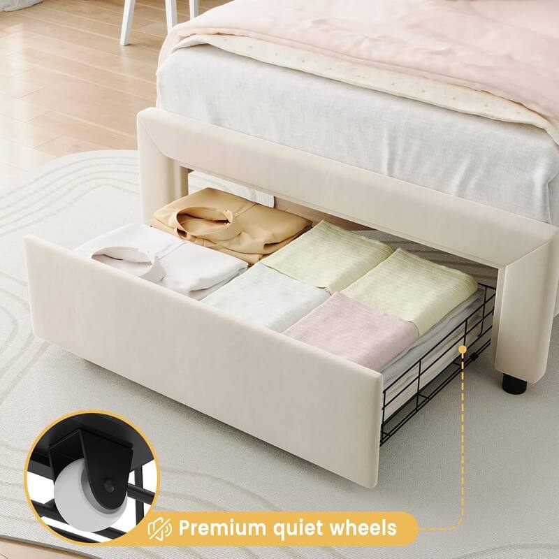 Twin Size Upholstered LED Velvet Platform Bed Frame with Bear-Shaped Headboard, Storage Drawer