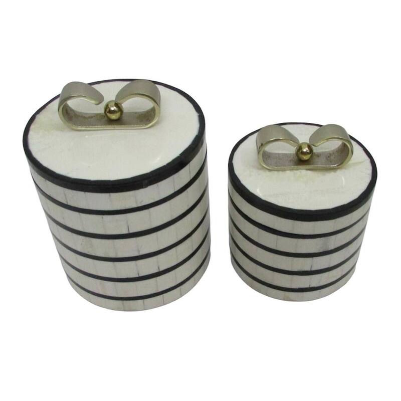 Resin Boxes Stripe Inlay with Lid Handles (Set of 2) - 9", 7" Cream - 6.5" x 6.5" x 9"