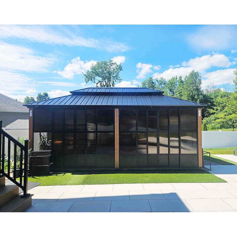 PURPLE LEAF Double Top Outdoor Sunroom Screen House Patio Hardtop Gazebo