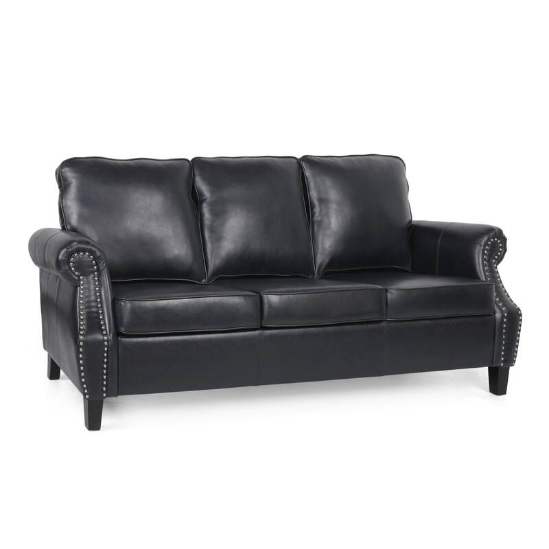 Black Faux Leather 3 Seater Sofa 80x34x37 Inches Contemporary Design