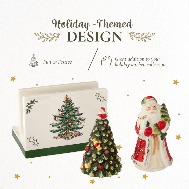 Spode Christmas Tree Napkin Holder with Salt and Pepper Set - 5.3" L x 5.3" W x 7" H