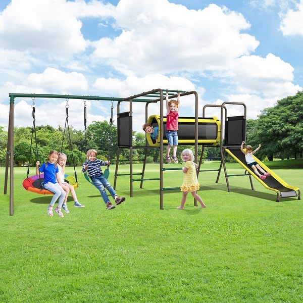 slide 2 of 10, 660lbs Swing Set for Backyard with Saucer Swing, Climbing Net, Trapeze Bar, Slide, Outdoor Playset for Kids