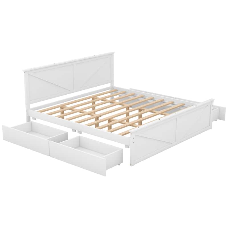 King Size Wooden Platform Bed Frame with Four Storage Drawers and Headboard, No Box Spring Required, Bedroom Furniture