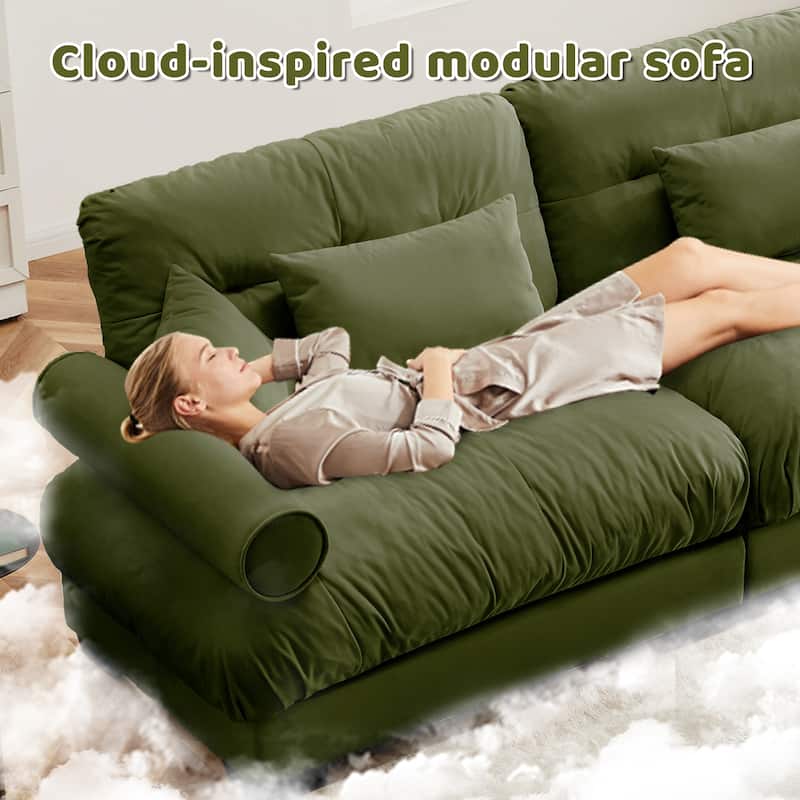 U-Shaped Velvet Sectional Sofa Set with Ottoman, 130" 3-Seater Modular Sofa withRound Armrests, Modern Upholstered Couch