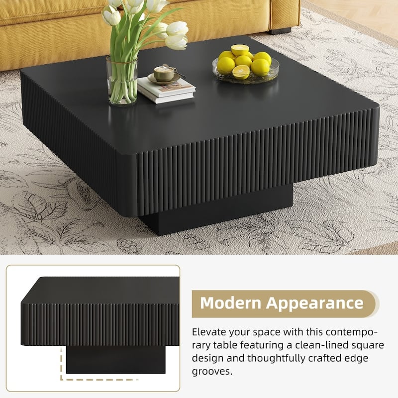 31.6" Modern Elegant Square Fluted Coffee Table with 7.1" Thick Tabletop