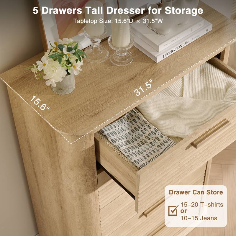 Modern Drawer Storage Organizer ,5 Drawers Dresser, for Bedroom, Living Room - Oak