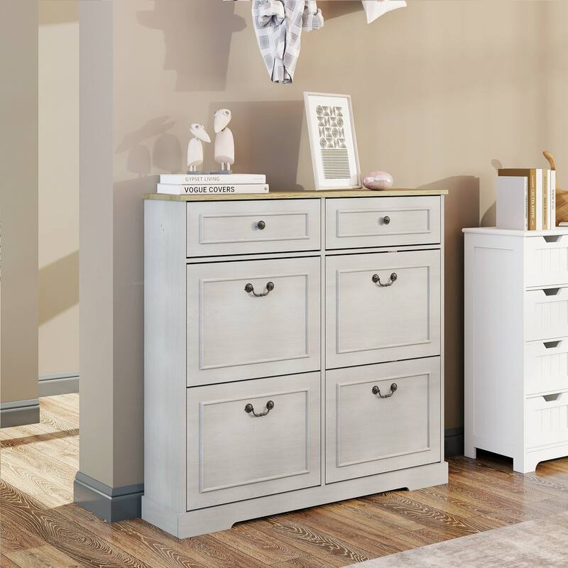 Antique White Slim Shoe Storage Cabinet – Freestanding Organizer with 2 Drawers, 4 Flip-Up Compartments, and Adjustable Shelf
