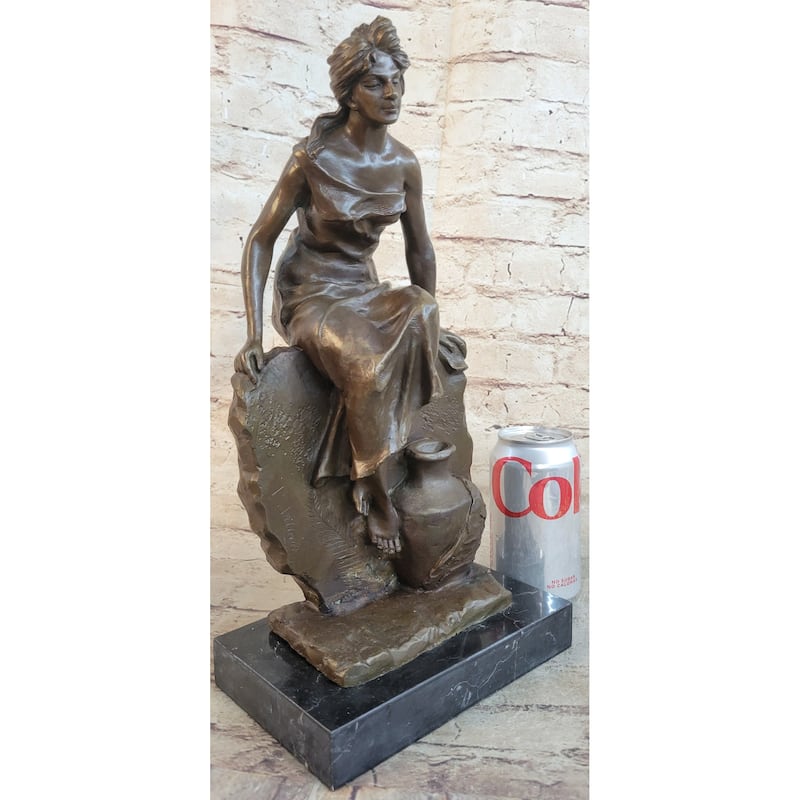 Classical Woman Sitting On A Rock Wall Bronze Sculpture Statue Figure On Marble Base