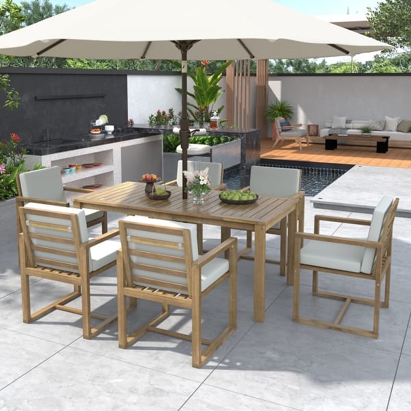 slide 2 of 39, 7 Pcs Outdoor Patio Dining Table and Chair Set, All-Weather Patio Furniture Set, Dining Table with Umbrella Hole and 6 Chairs Light Teak