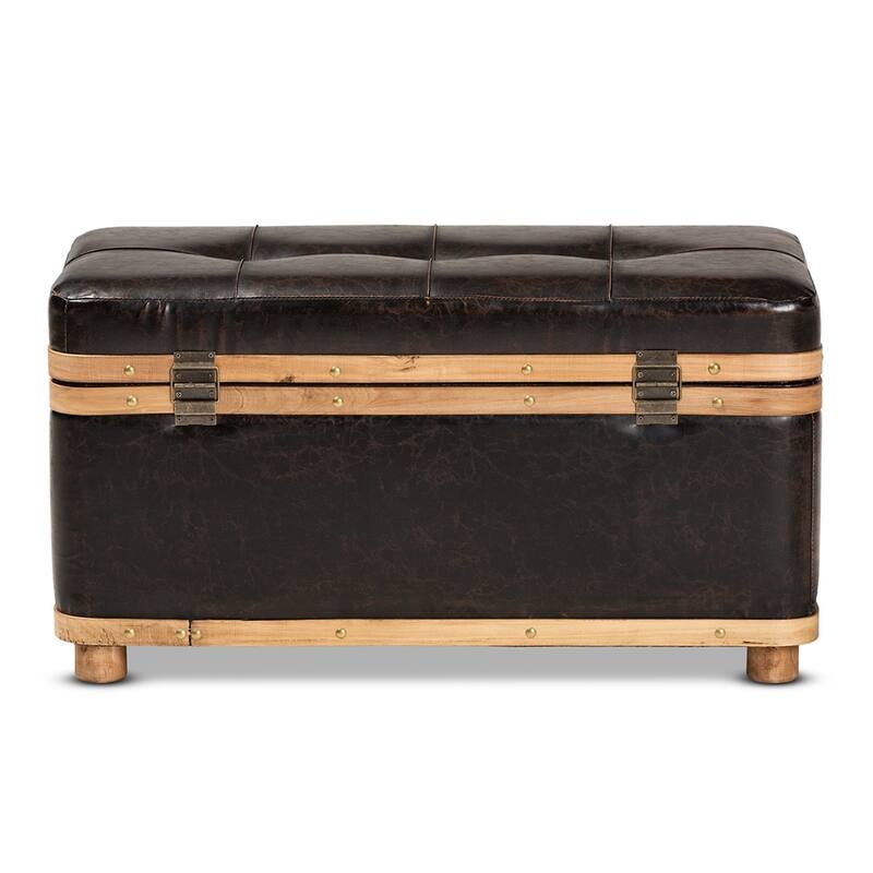 Modern Rustic Transitional Dark Brown Faux Leather Upholstered and Oak Brown Finished Wood Large Storage Ottoman