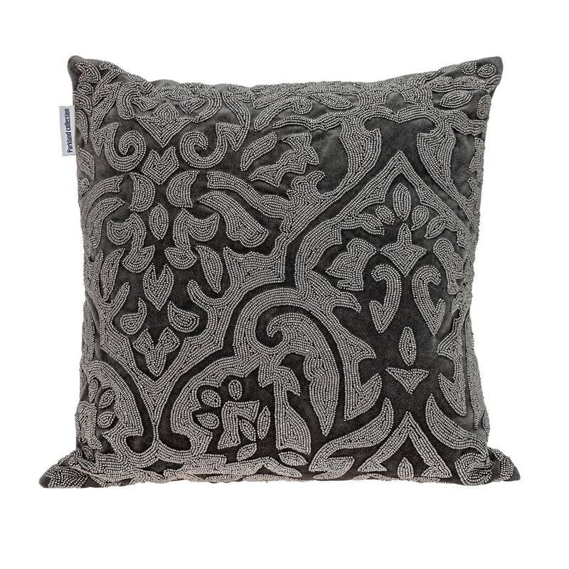 HomeRoots 18" Gray and Silver Damask Velvet Throw Pillow With Beads
