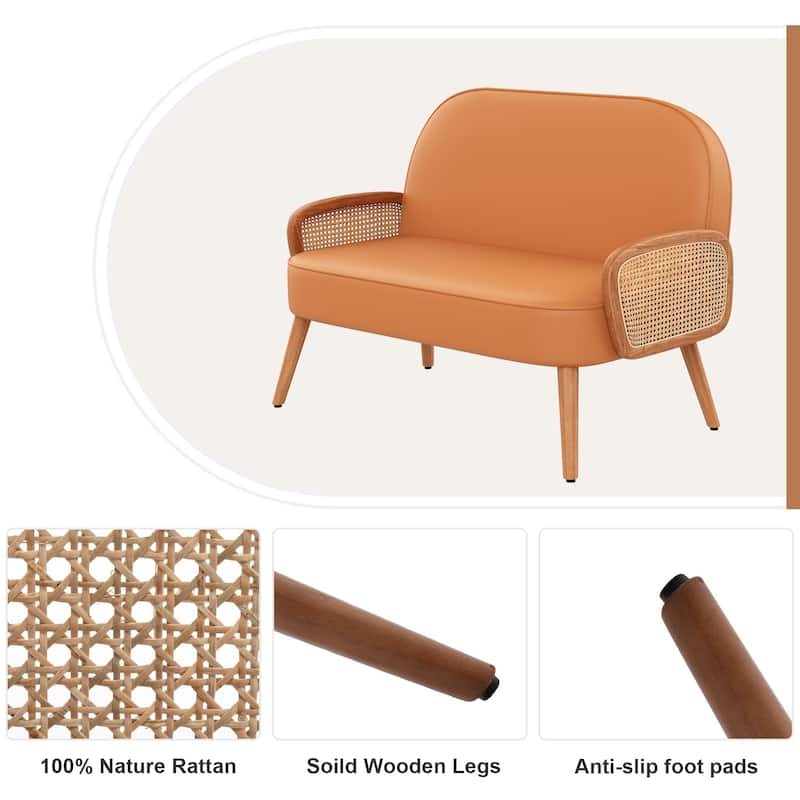Loveseat Sofa Small Couch for Living Room, Faux Leather Mini Couch Love Seat with Natural Rattan Armrest and Solid Wooden Legs