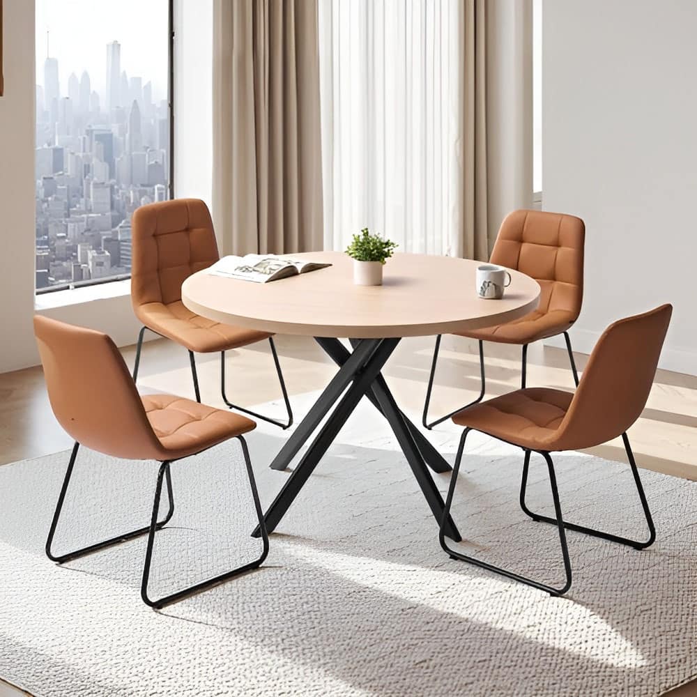 5-Piece Beige-Orange PU Leather Dining Set with Round 45in Table, Metal Frame and Cushioned Chairs