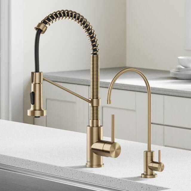 Kraus Bolden 2-Function 1-Handle Commercial Pulldown Kitchen Faucet - KPF-1610 - 18" Height with Dispenser faucet FF-100 - BG - Brushed Gold