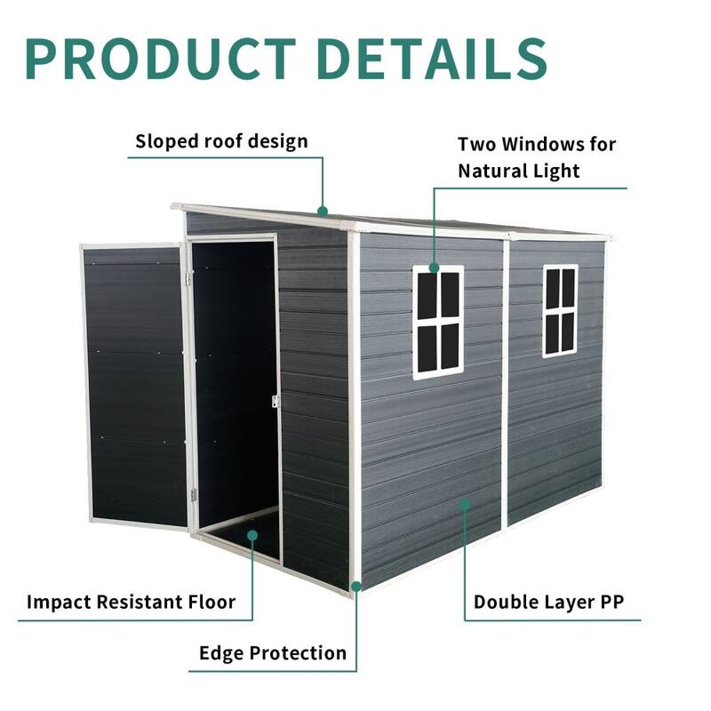 8 x 4 FT Outdoor Resin Garden Shed with Floor and 2 Windows and Lockable Door