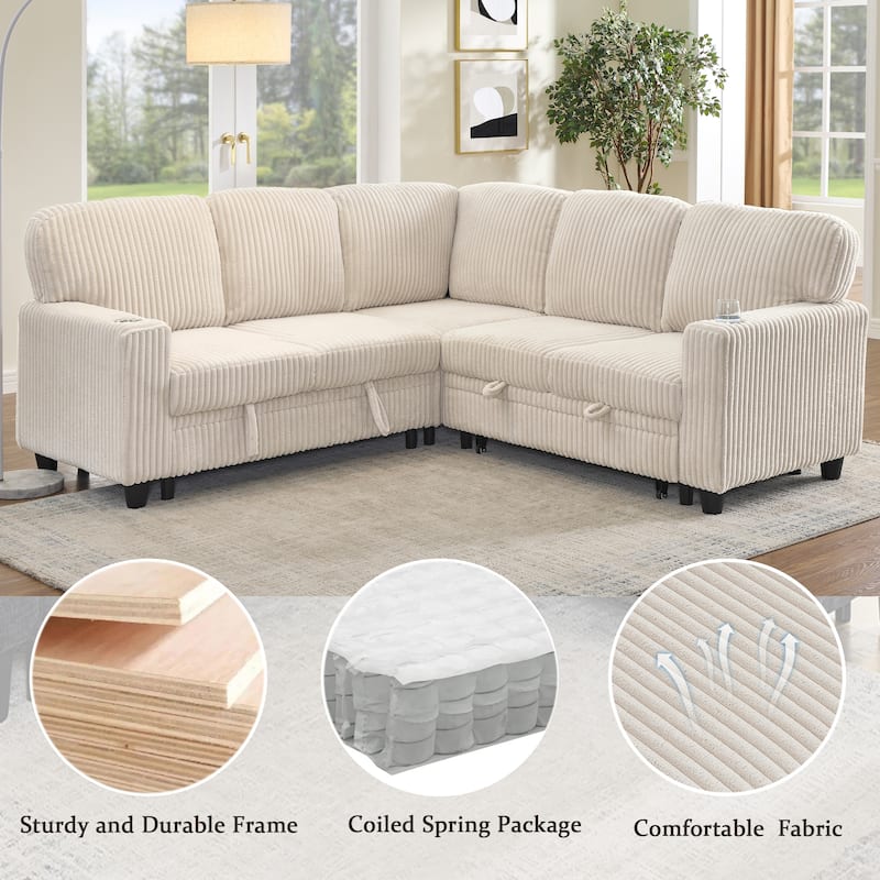 81x81 Inch Convertible Sectional Sofa with Pull-Out Bed & USB Charging（ Corduroy）