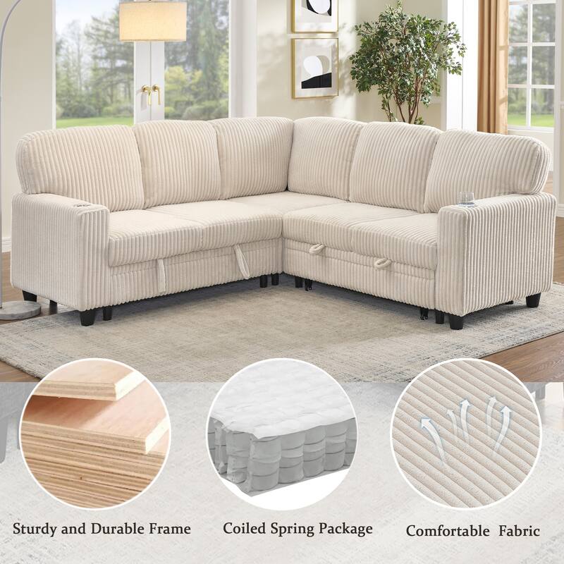 Oversized Corduroy Sectional Sleeper Sofa with Pull-Out Bed, L-Shaped 5-Seater Upholstered Couch Bed with USB Charging Ports