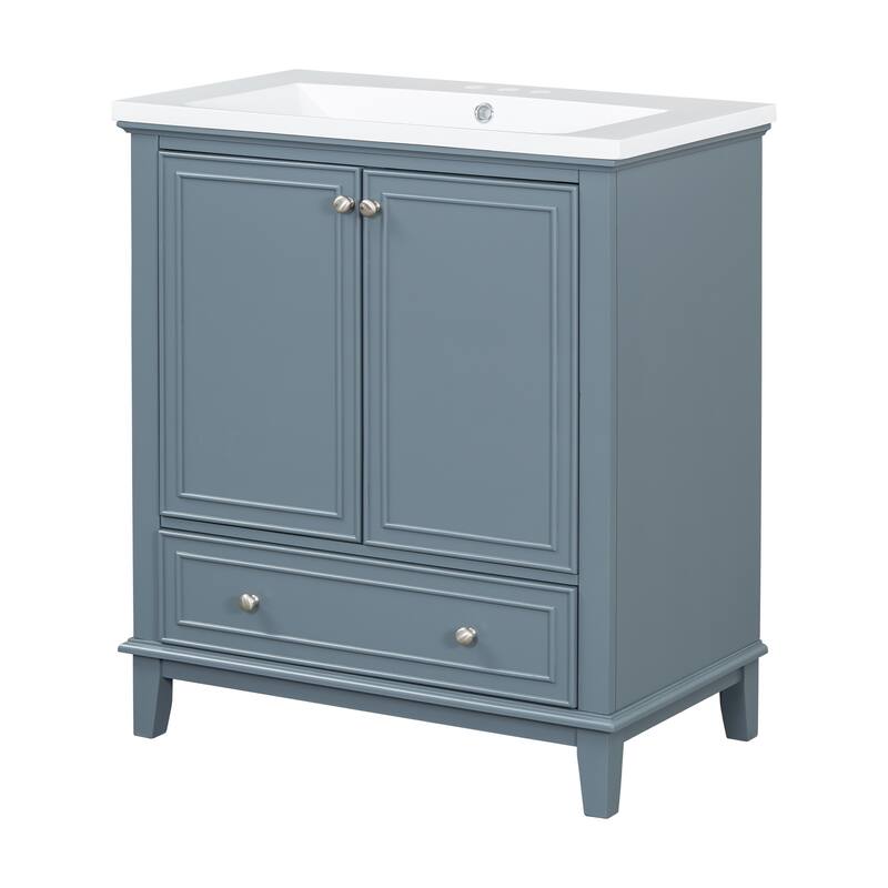Bathroom Vanity with Ceramic Sink, Solid Wood & MDF Base, 1 Drawer & 2 Doors, Adjustable Shelf - 30in L Solid Wood+MDF