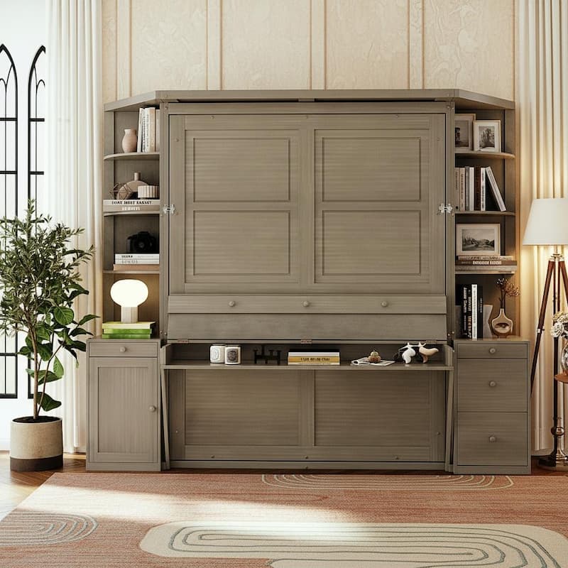 All-in-One Queen Murphy Bed with Desk, Light and Srorage Wall by Harper&Bright Designs