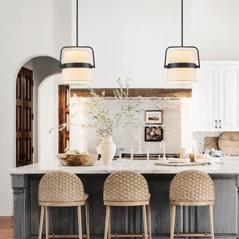 2-Light Modern Traditional Black and White Drum Fabric Pendant Light - 11.8 in. W x 11.8 in. H
