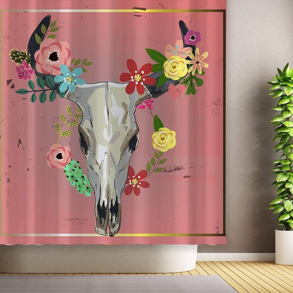 Bull Skull with Flowers Shower Curtain, Halloween Bathroom Decor