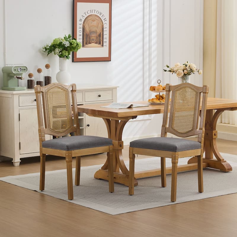 Set of 2 Full Solid Wood Rattan-Back Dining Chair, Matte Linen Cushion with High-Resilience Foam & S-Springs - Gray