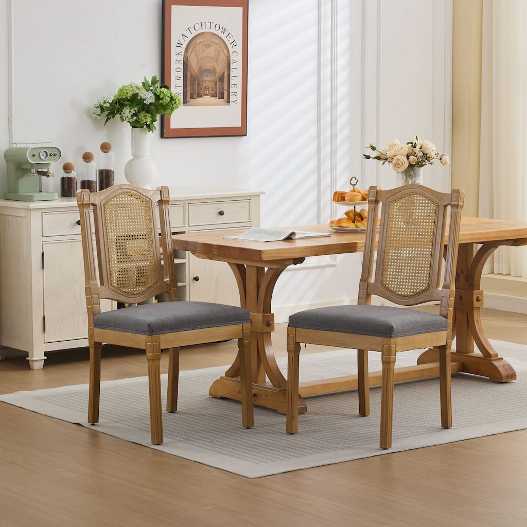 Set of 2 Full Solid Wood Rattan-Back Dining Chair, Matte Linen Cushion with High-Resilience Foam & S-Springs