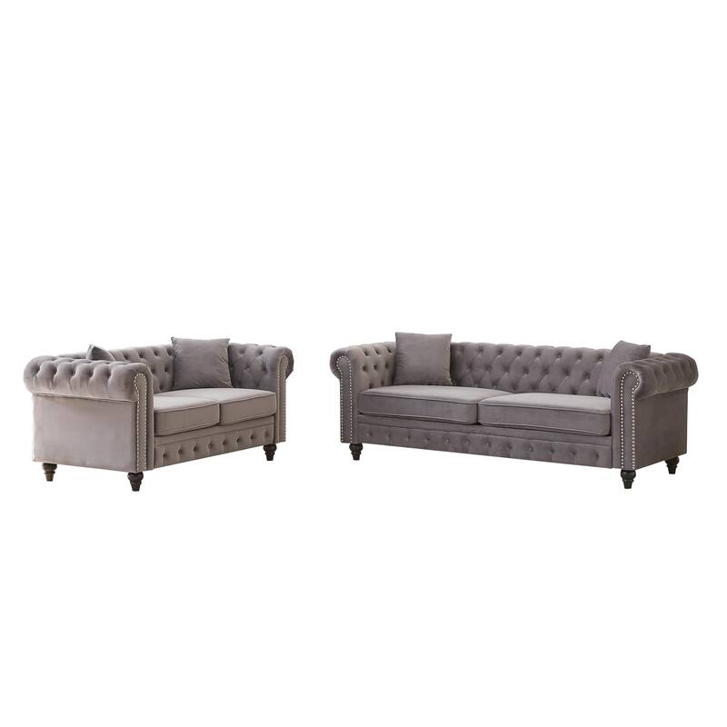 Nailheads Accent Velvet Button Tufted Chesterfield Sofas Set with Deep Seat Loveseat and 3 Seater Lounge Couch for Living Room