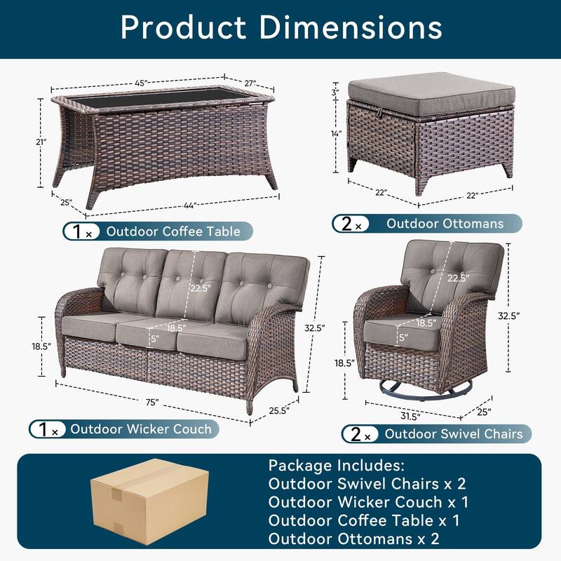 6 Pieces Pocassy Sofa Table Ottoman with Swivel Chairs