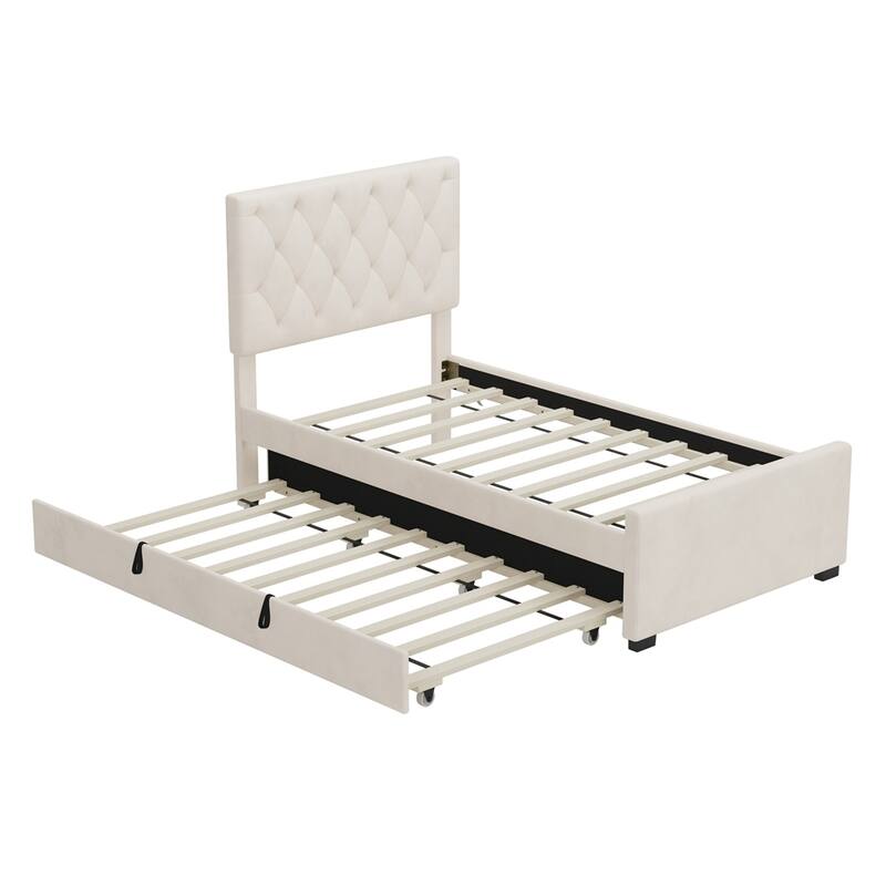 Twin Size Velvet Fabric Upholstered Platform Bed with Trundle Bed
