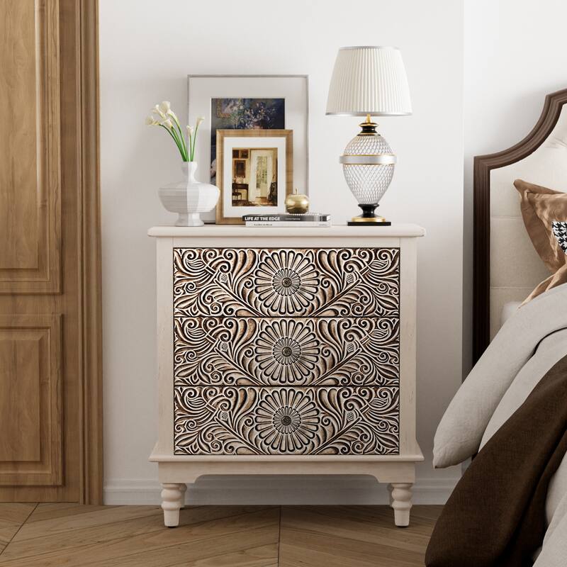 SUNBURY Solid Wood Accent Nightstand End Table w Storage Drawers - 3drawers-Flower