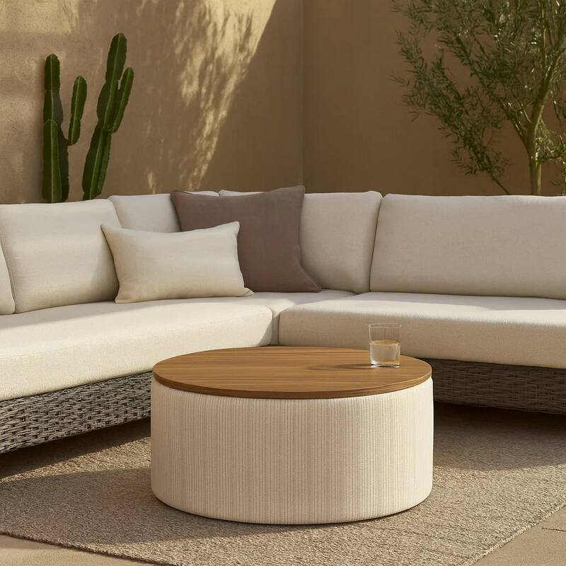 Jena Storage Ottoman, 30 Inch Round Lift Tray Top, Ivory Pinstripes