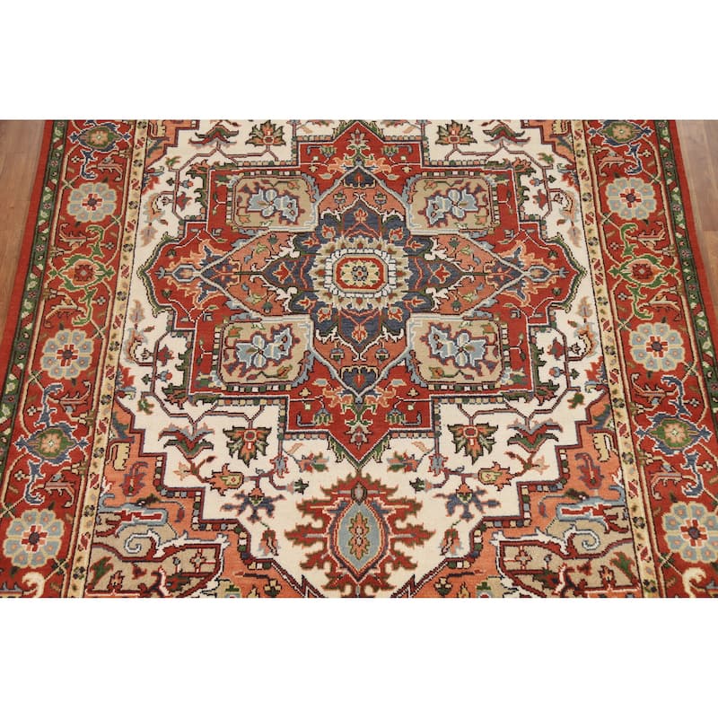 Hand Knotted Oriental 100% Wool Carpet Traditional Medallion Beige & Ivories Heriz (serapi) Area Rug - 11' 9'' X 8' 6''
