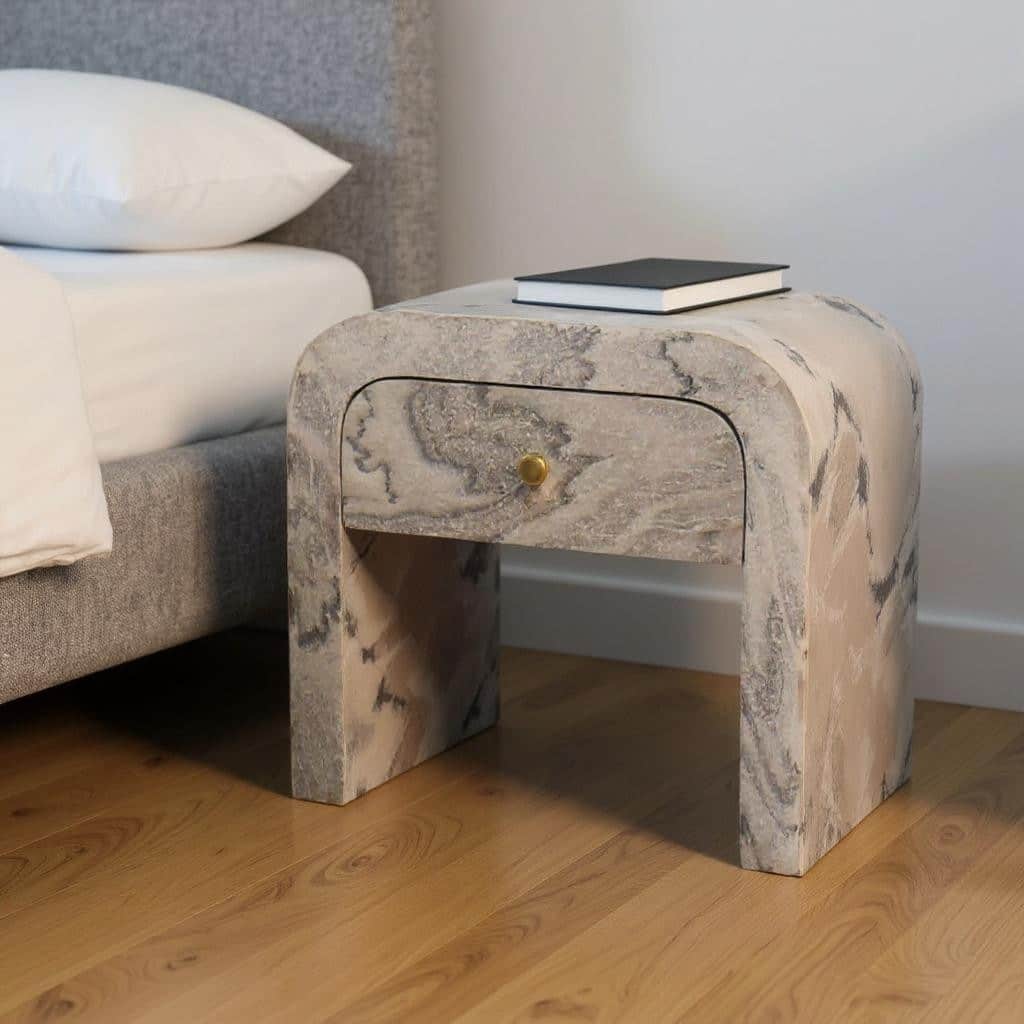 HomeRoots 16" Beige And Gray Faux Marble One Drawer Nightstand