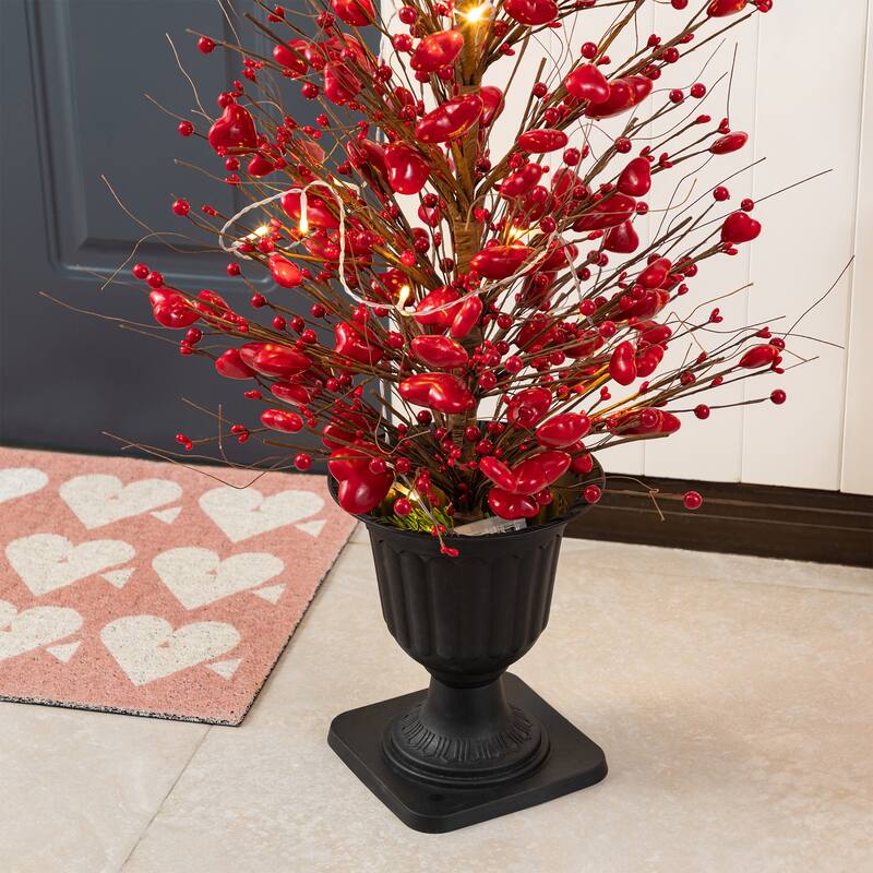 Glitzhome 36"H Valentine's Lighted Berry Heart Urn Porch Tree w/Timer