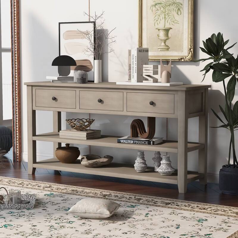 Retro Console Table Sofa Table with 2 Open Shelves and 3 Drawers, Pine Solid Wood Frame and Legs for Living Room, Entryway