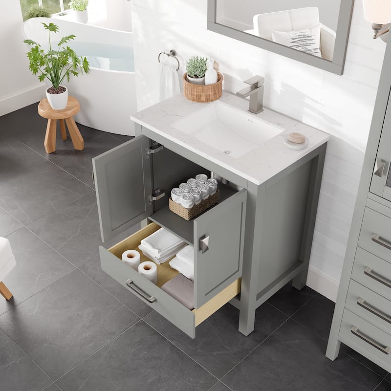 Eviva London 30"W Gray Bath Vanity with Carrara Quartz Vanity Top