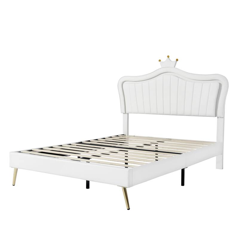 Modern Queen/Twin Full Upholstered Platform Bed with LED Lights, Adjustable Crown Headboard, No Box Spring