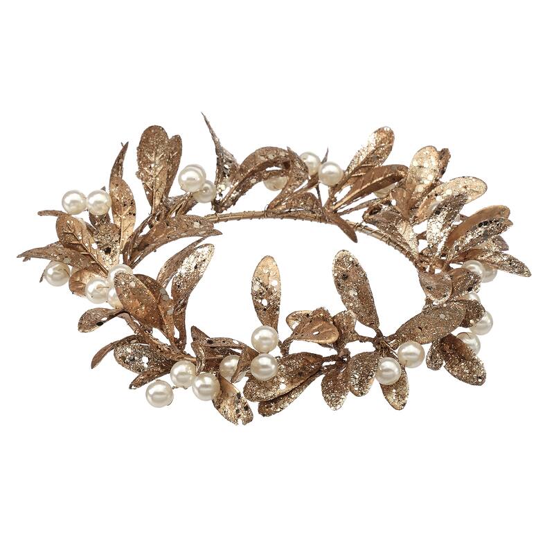4.5" ID Gilded Leaf Candle Ring With Pearls Set of 2
