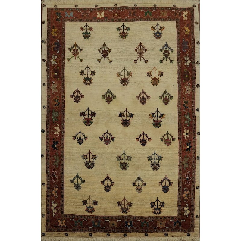 Hand Knotted Oriental 100% Wool Carpet Tribal All-Over Beige & Ivories Gabbeh Area Rug - 6' 4'' X 4' 2''